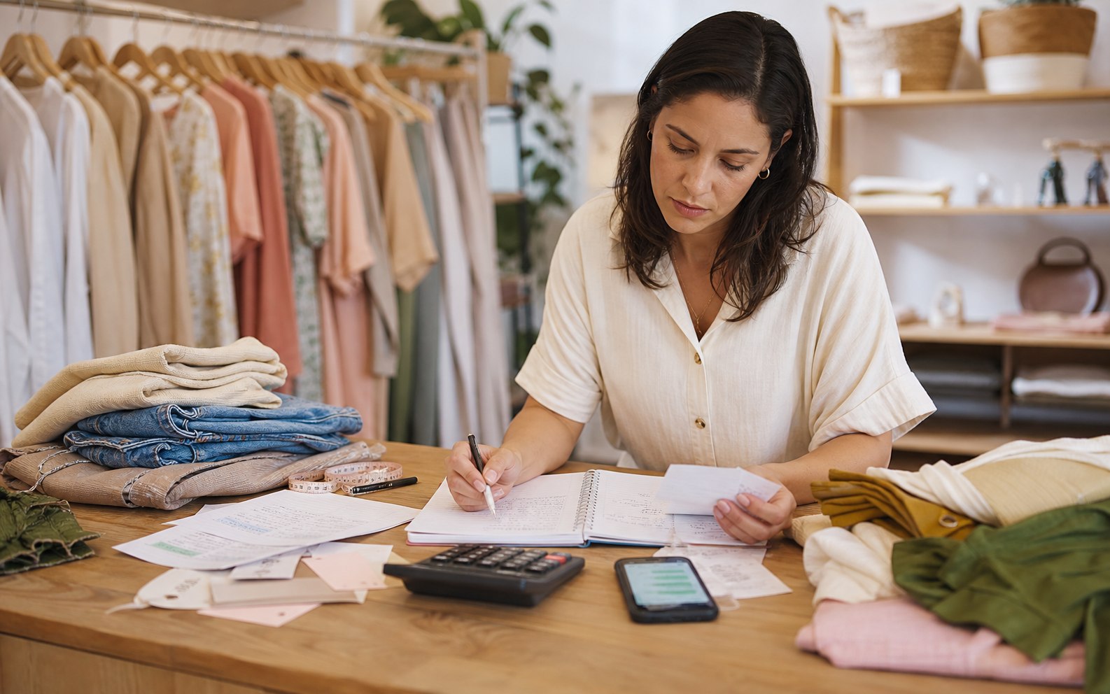 Encargada de una tienda de ropa revisando papeles, cuaderno y calculadora para cuadrar la operación