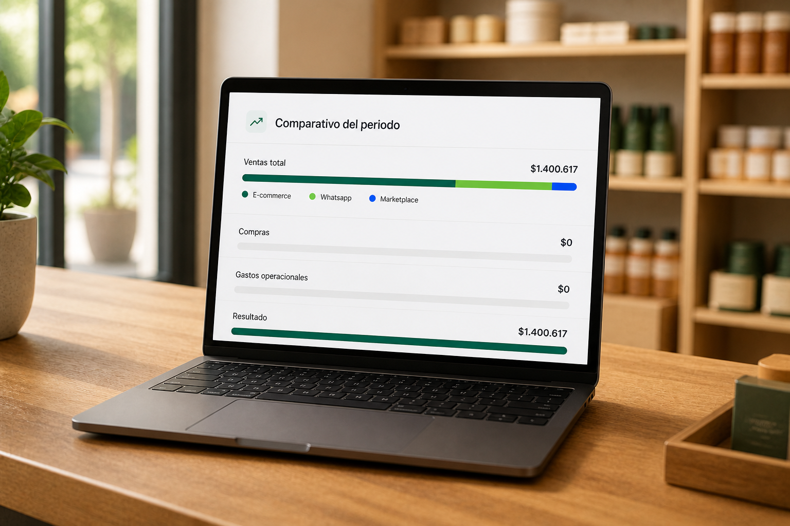 Notebook mostrando un comparativo de ventas por canal y resultado del periodo
