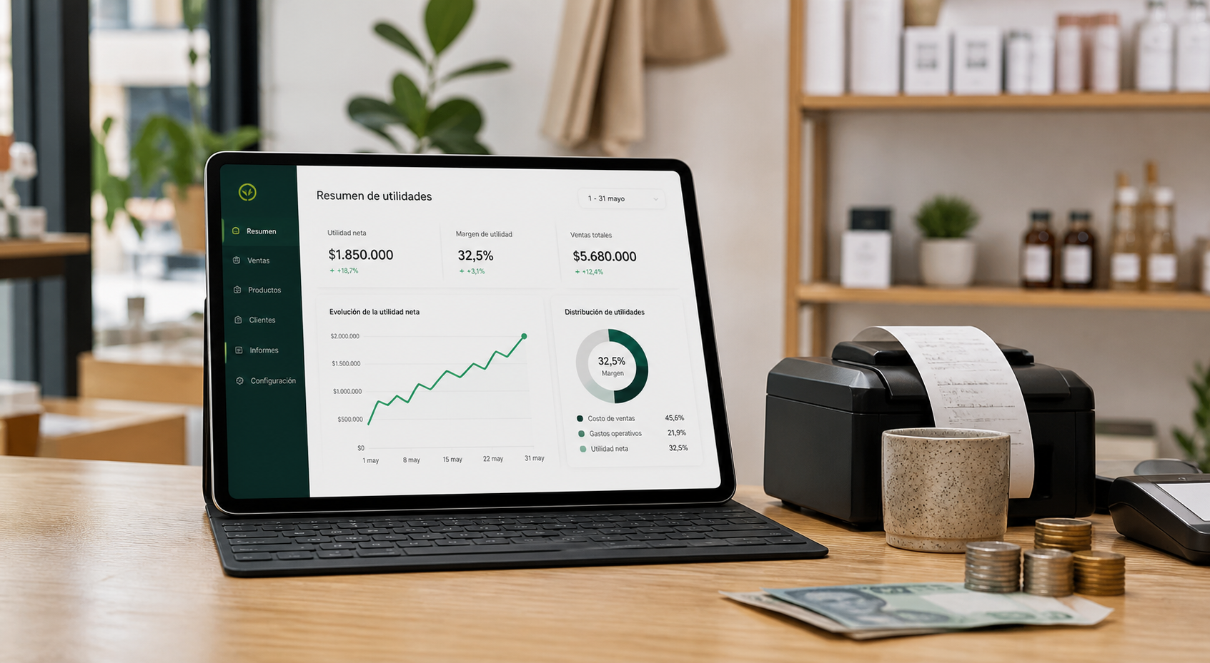 Dashboard de utilidad y ventas sobre un mesón de comercio