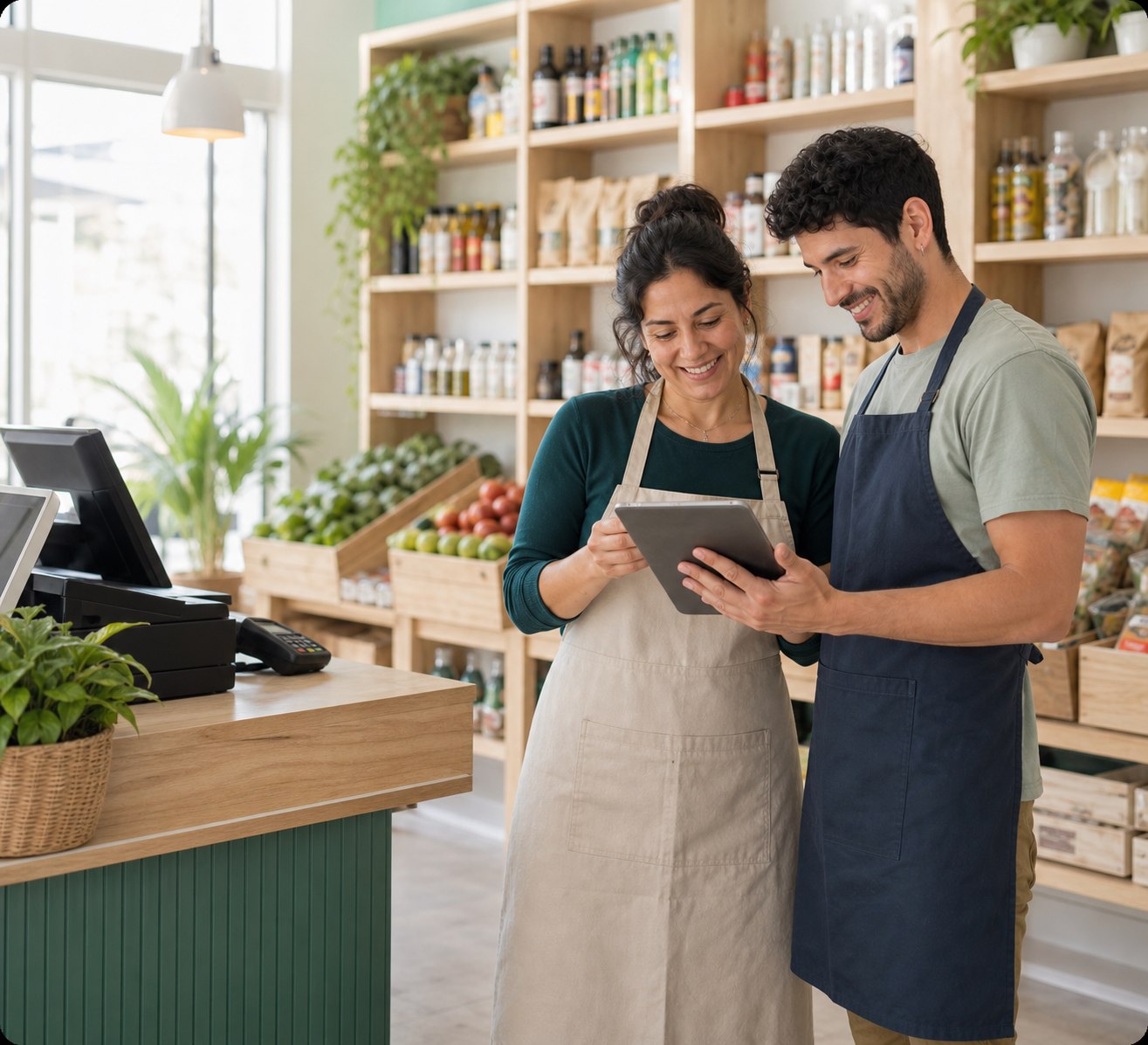 Dos comerciantes revisando juntos la gestión de su minimarket en una tablet con Blessty